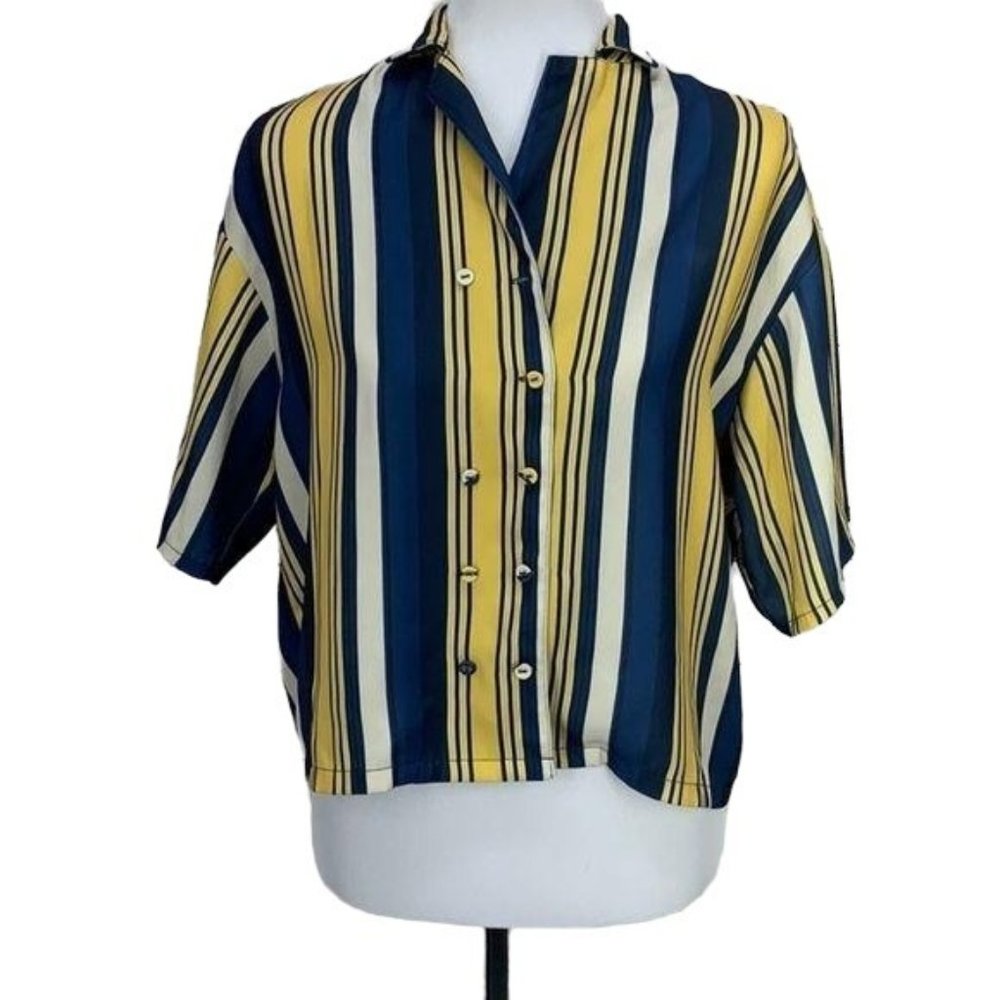 Moussy Women's Blue & Yellow Striped Button Up Blouse Size F